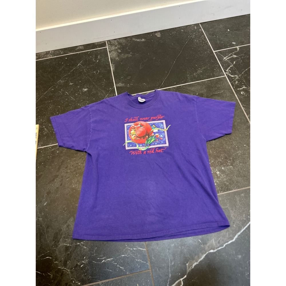 Vintage Hanes Beefy-T Purple Red Hat Society Graphic T-Shirt Mens XL Cotton